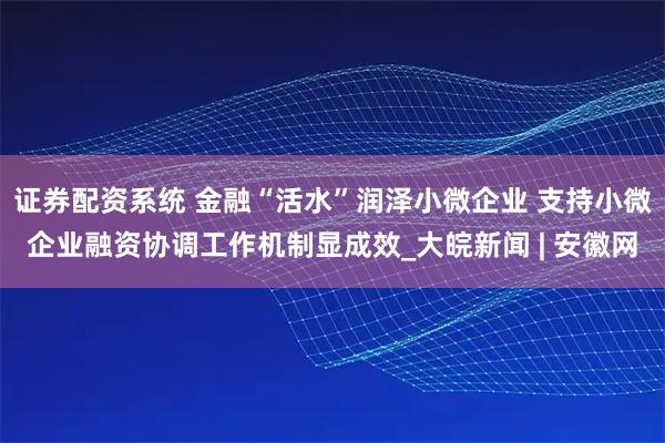 证券配资系统 金融“活水”润泽小微企业 支持小微企业融资协调工作机制显成效_大皖新闻 | 安徽网